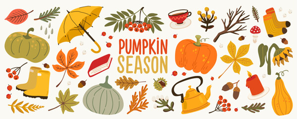 Autumn fall vector set with cozy pumpkin season elements like candles, boots, leaves, and tea. Cute fall stickers in warm orange and yellow tones for prints, cards, packaging, and decoration