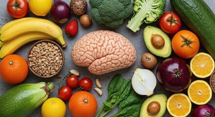 A vibrant array of fresh, colorful fruits and vegetables arranged artfully, symbolizing nourishing foods for optimal brain function ,colorful ,vegetables ,plant-based