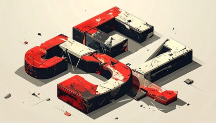 Distorted, abstract, blocky, red and white numbers, 527, creating a 3D isometric perspective on an off-white background