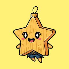 Cute Wooden Star Christmas Ornament Character with Happy Face.