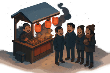 Obraz premium Asian group enjoying winter night market with lanterns and warm food