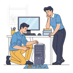 Computer technician repairing a desktop PC with a colleague observing vector illustration for IT support and maintenance services