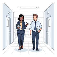 Two business colleagues walking in office hallway discussing work vector illustration for teamwork and collaboration