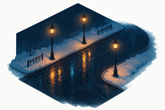 Snowy night street with glowing lamp posts and reflective wet pavement
