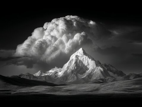 Dramatic mountain peak with snow and cloudscape in monochrome image