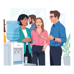 Diverse group of coworkers chatting by the water cooler vector illustration of office break time isolated on white background