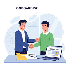 Two men shaking hands in an office setting flat vector illustration for onboarding welcoming a new employee