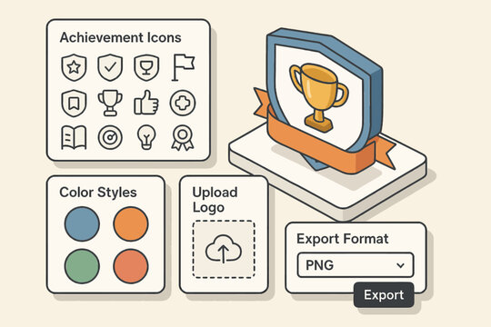 Customizable achievement badge interface with export options for digital designs