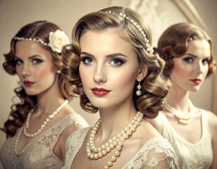 Obraz premium Vintage-inspired updos and finger waves styled for a 1920s glamour theme of a woman, featuring pearls, lace, and timeless sophistication with a soft sepia color palette.