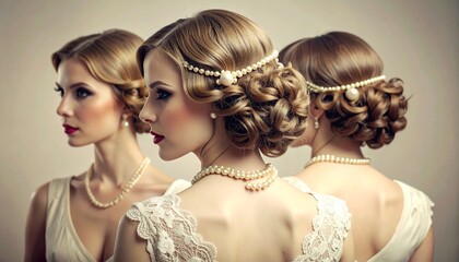 Vintage-inspired updos and finger waves styled for a 1920s glamour theme of a woman, featuring pearls, lace, and timeless sophistication with a soft sepia color palette.