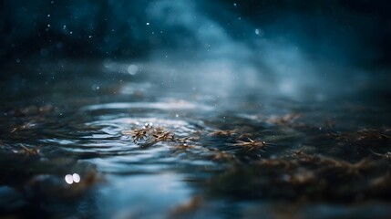 Naklejka premium Numerous mosquito larvae gather on the rippling surface of dark water in a natural setting