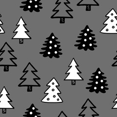  Seamless pattern with Christmas trees in doodle style on a gray background