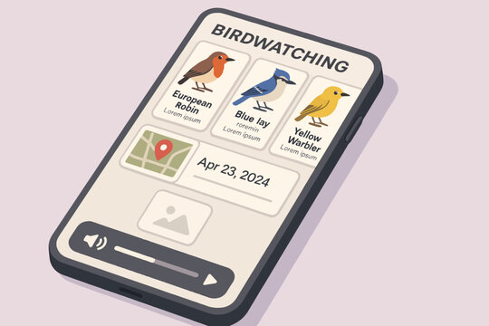 Birdwatching app interface featuring european robin blue jay yellow warbler