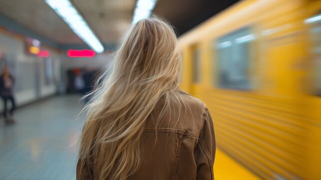 Blonde woman awaits yellow subway train at urban metro station