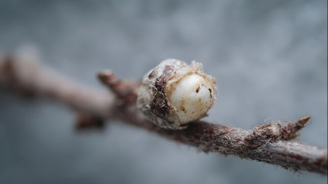 ro view of a praying mantis egg case ootheca attached to a textured twig signifying future life and development