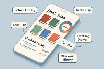 Digital book tile checkout interface with genre ring and level tag drawer