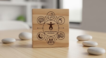 Wooden Wellness Sanctuary Personal Fitness & Holistic Development IconAdorned Block for Wellbeing Promotion, Ideal for Websites and Presentations.