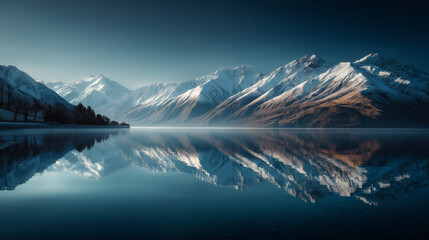 Majestic Snow Capped Mountains Reflected In Calm Lake During Sunrise