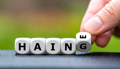 Hand replacing 'C' with 'E' on letter cubes against blurred background, spelling 'CHANGE' from 'HAING'