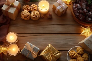 Festive christmas celebration with candles gifts and delicious cookies on wooden table