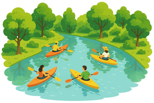 Colorful kayaking adventure with diverse group in lush green river landscape