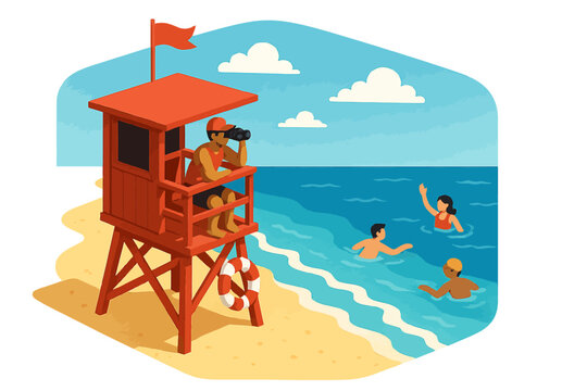 Lifeguard watching swimmers at beach on a sunny day