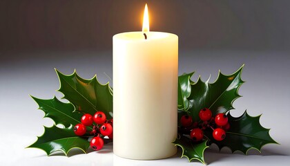 Lit ivory candle with holly berries on a white surface and grey background