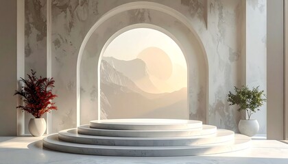 Minimalist backdrop showcases a tiered platform, archway framing distant mountains in soft, diffused sunlight