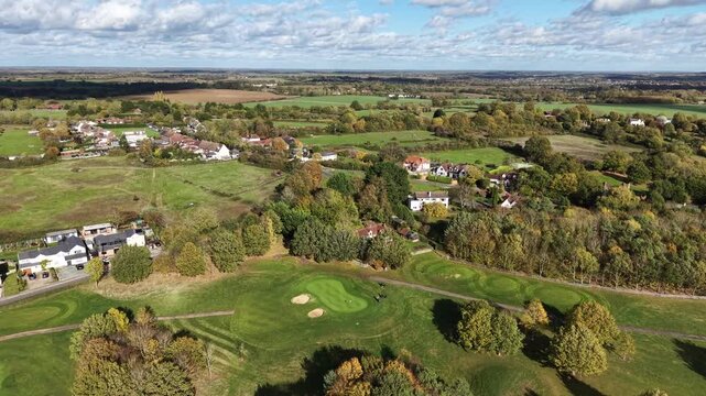 Toot Hill Village and golf course Essex UK Panning drone aerial autumn