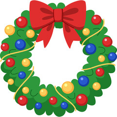 Festive Christmas Wreath With Red Bow And Colorful Ornaments In Green Garland With Yellow Twists On Transparent Background