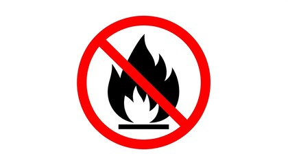 Black flame icon inside red circle with diagonal slash, symbolizing prohibition of fire or open flames.