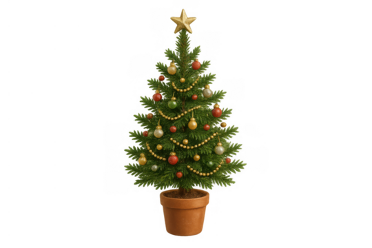 Christmas tree in a pot, festive holiday decoration with star, ornaments, and garland on transparent background