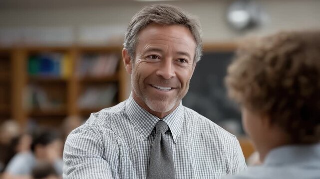 Teacher and student interacting friendly in the classroom
