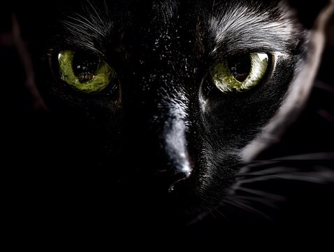 Intense Close-up of Black Cat Face with Bright Green Eyes Emerging from Darkness in Low-Key Lighting, determination, pet lover, mystery, superstition