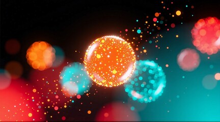 Obraz premium A vibrant, glowing sphere of golden particles floats amidst a dreamy backdrop of colorful bokeh lights in reds, oranges, and tealsevoking magic, celebration, or cosmic wonder.