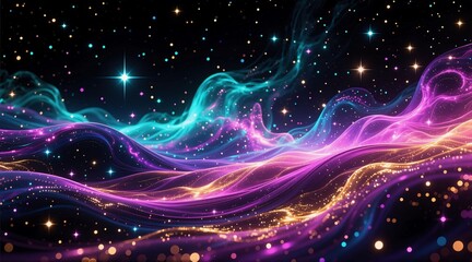 Fototapeta premium A mesmerizing cosmic swirl of neon colorsvibrant purples, electric blues, and golden streaksdance across a starry night sky, sparkling with twinkling stars and glowing particles in a dreamy, futuristi