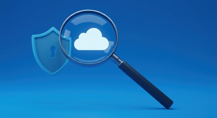 3D render of a magnifying glass searching a cloud icon next to a cybersecurity shield on a blue background