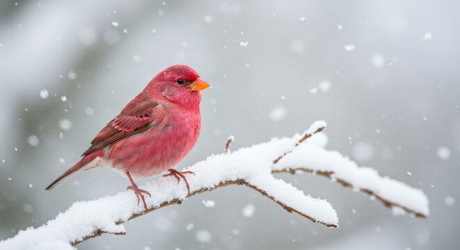Vibrant red finch perched on a snow-covered branch during heavy winter snowfall.
