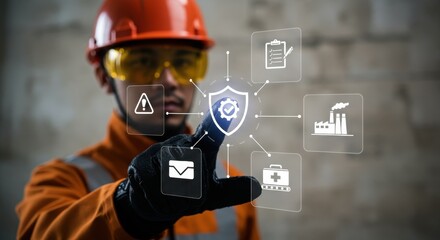 Industrial worker touches virtual shield icon for occupational safety management system and protection.