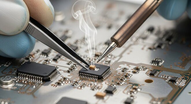 Saldatura con pinzette e fumo sulla scheda madre del transistor