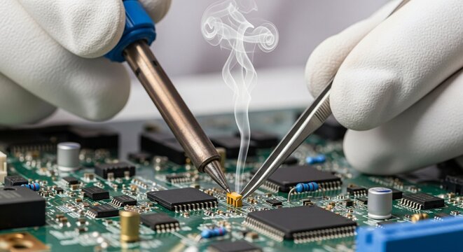 Zoom sulla saldatura di microchip e fumo che esce