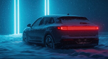 Modern SUV driving in heavy snow at night with neon blue light beams and red brake lights