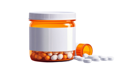  Prescription Pill Jar and Tablet Packaging isolated on solid white background Png form