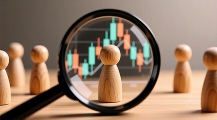 A magnifying glass focuses on a wooden figurine standing before financial candlestick charts, symbolizing close analysis or investment strategy among business figures.