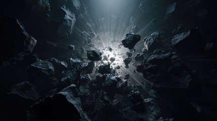 Abstract composition of floating rocks with light rays and transparent background