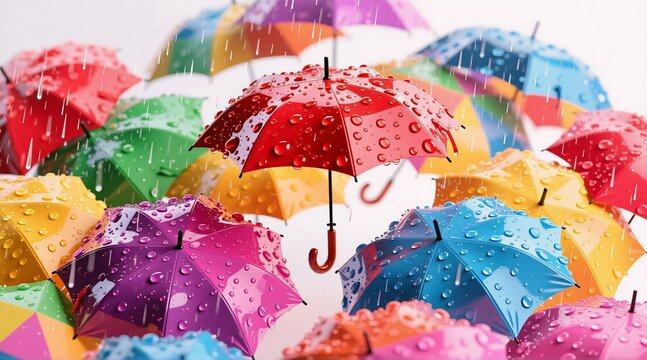 A vibrant, rain-soaked scene featuring a colorful array of umbrellas in red, blue, green, yellow, and purpleeach dotted with glistening water droplets under falling raindrops against a bright white ba