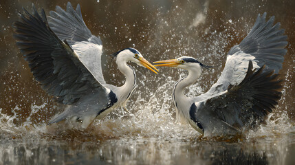 Majestic Herons GracefullyCatching Fish by the Waters Edge: A Mesmerizing Dispay of Nature's Predators i Action