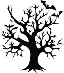 Spooky Black and White Tree with Flying Bats Illustration

