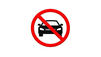 No cars allowed sign, black car silhouette crossed out inside red prohibition circle, traffic restriction and pedestrian zone symbol