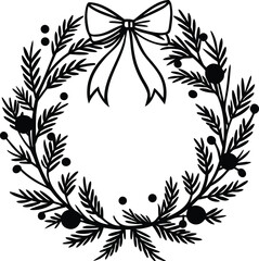 Minimalist Black and White Line Art Christmas Wreath

